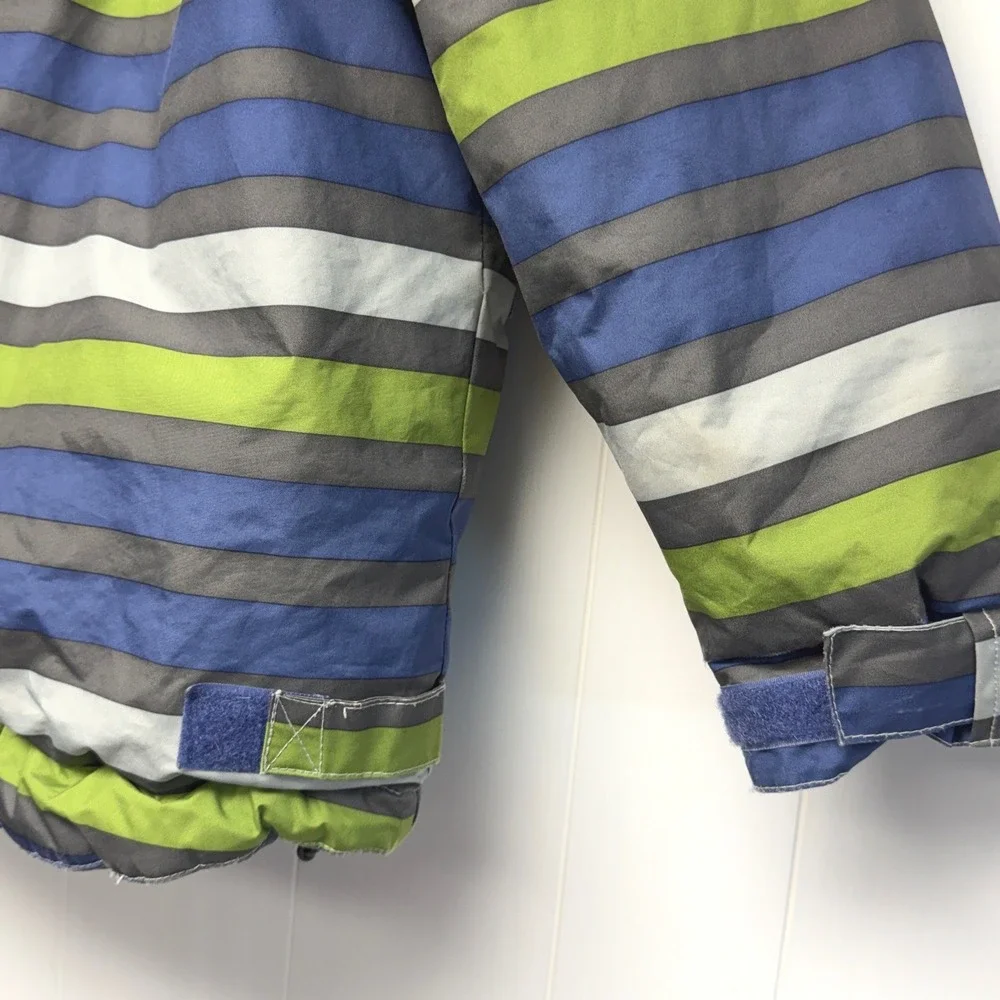 Souris Mini Boys Striped Hooded Winter Coat Blue Green Grey Fleece Lined Size 8